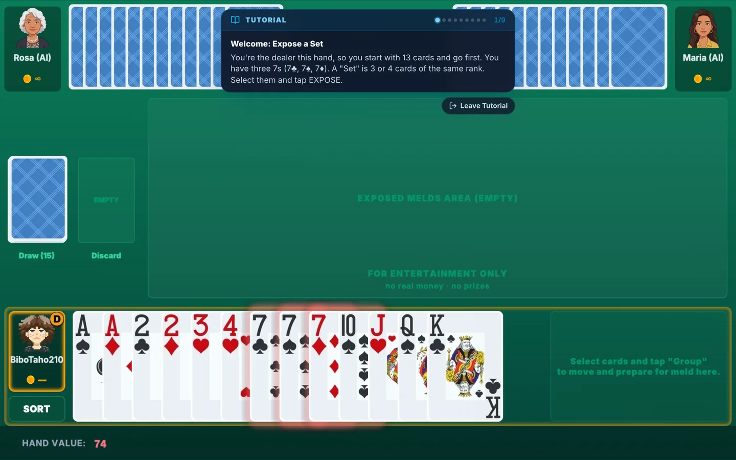 A Tongits hand at the start of a turn. The player holds thirteen cards with three sevens highlighted, the draw and discard piles sit on the left, and the exposed melds area in the middle is still empty.