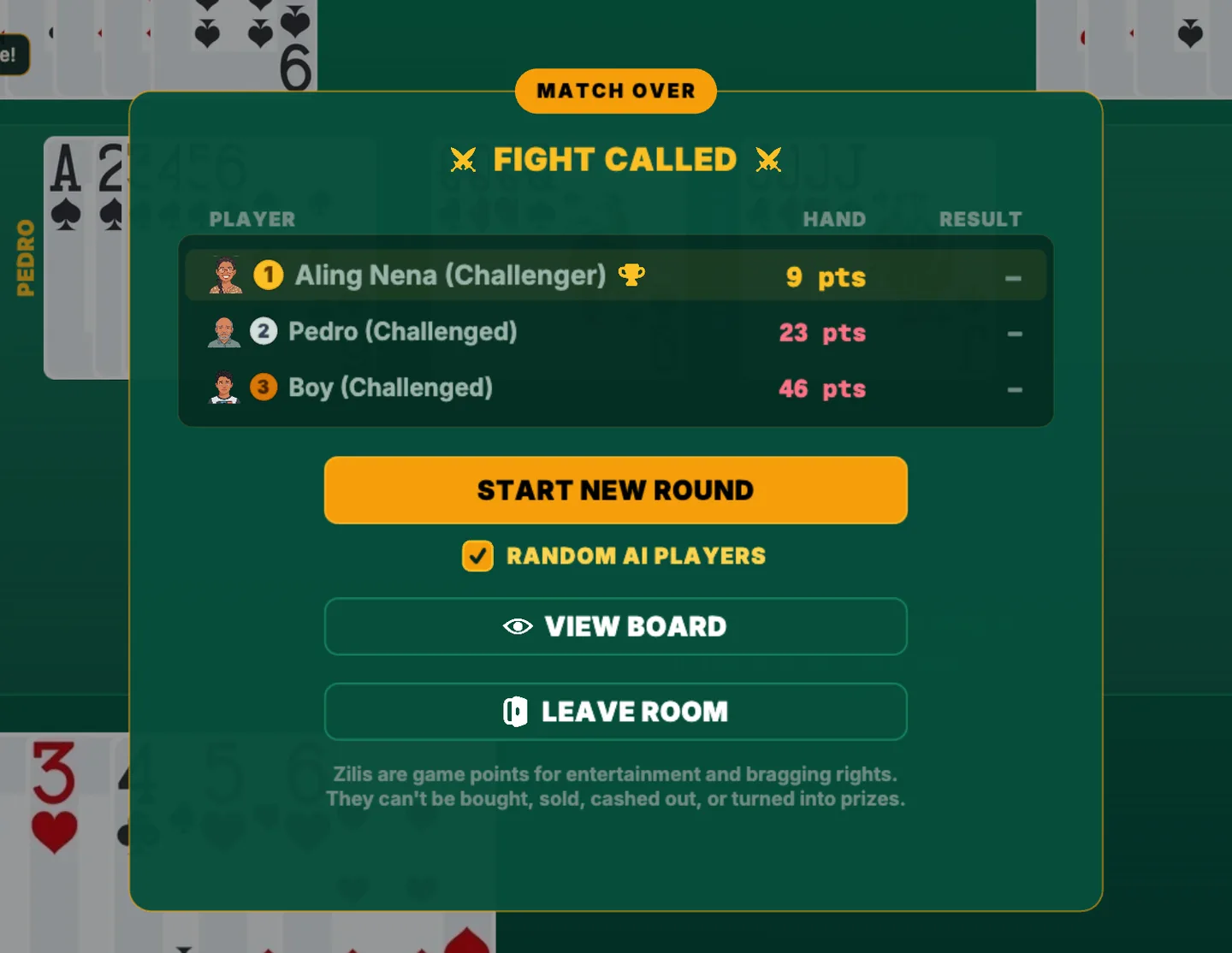 The Match Over panel after a Fight, listing the challenger on nine points and the two challenged players on twenty three and forty six.
