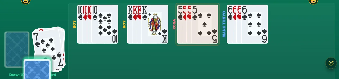 The middle of a Tongits table showing four exposed melds, each a set of four cards: four tens, four kings, four fives and four sixes, with the owner's name printed down the left of each.